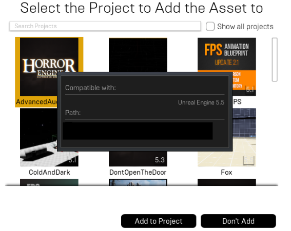 Select project popup